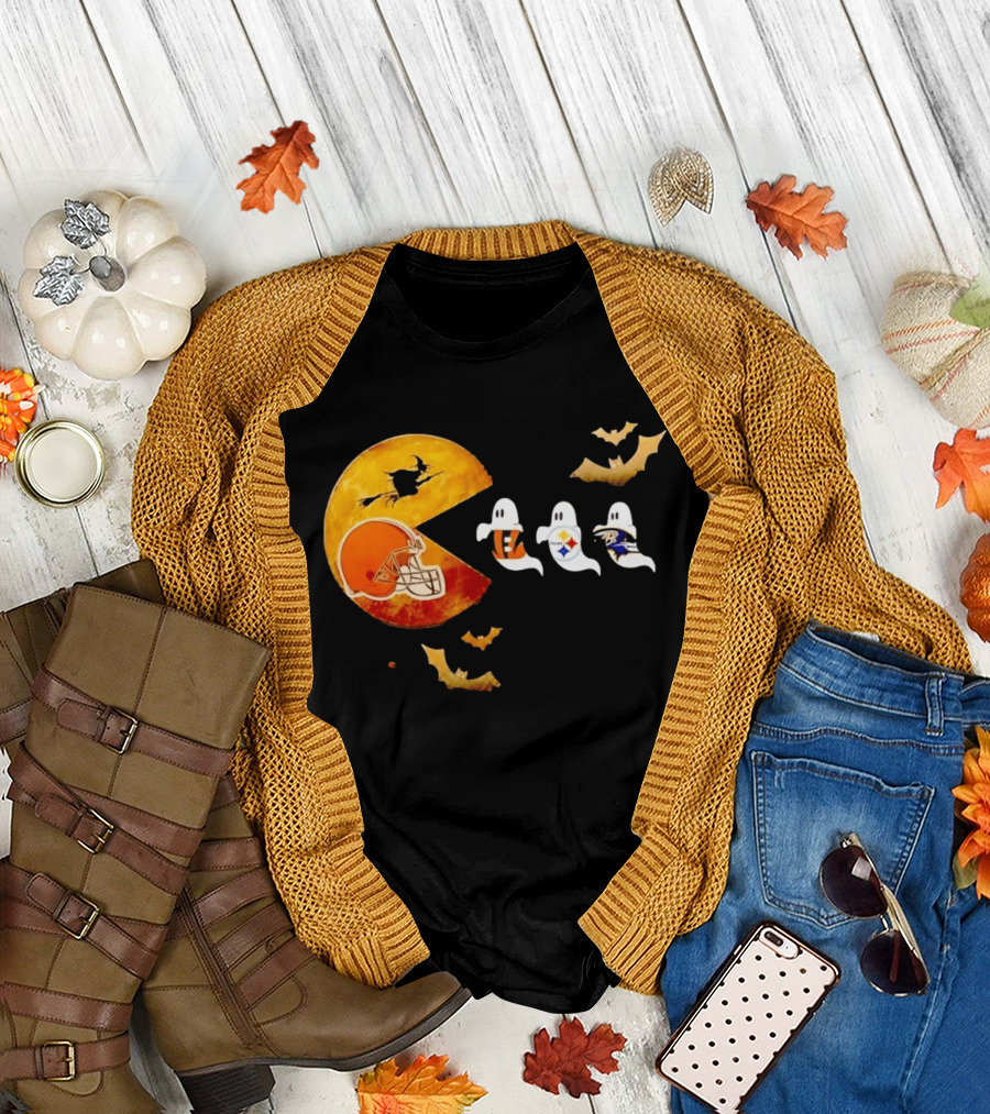 Cleveland Browns Pac Man Vs Bengals Steelers Ravens Halloween Battle T-Shirt