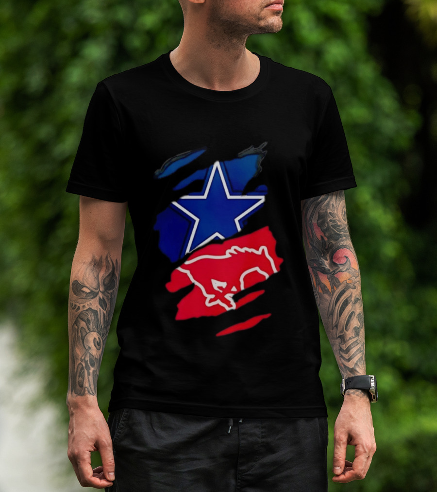 Dallas Cowboys Star And SMU Mustangs Red Ripped Effect T-Shirt