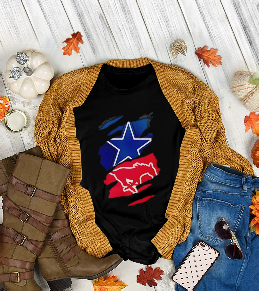 Dallas Cowboys Star And SMU Mustangs Red Ripped Effect T-Shirt