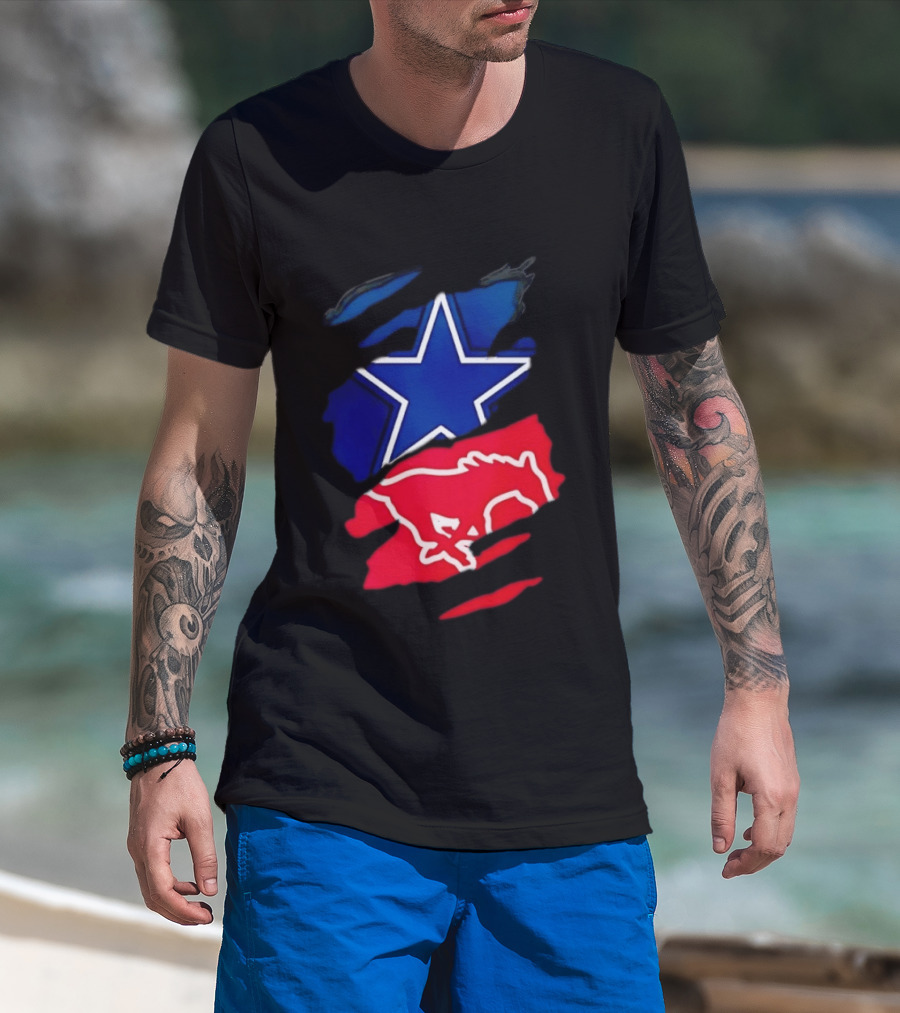 Dallas Cowboys Star And SMU Mustangs Red Ripped Effect T-Shirt