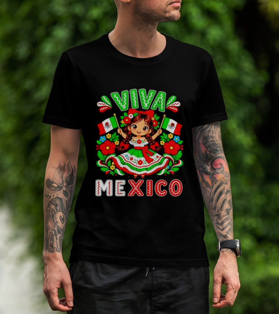 Viva Mexico Traditional Dress Girl With Flags Mexican Celebration T-Shirt