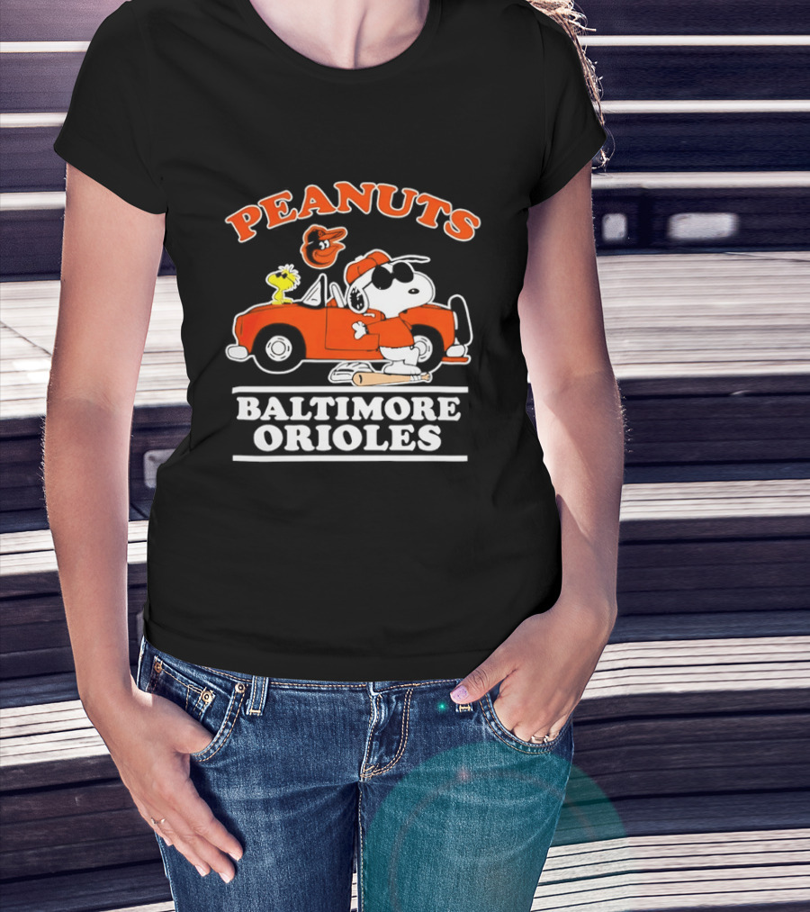 Peanuts Snoopy And Woodstock Driving Baltimore Orioles Car T-Shirt