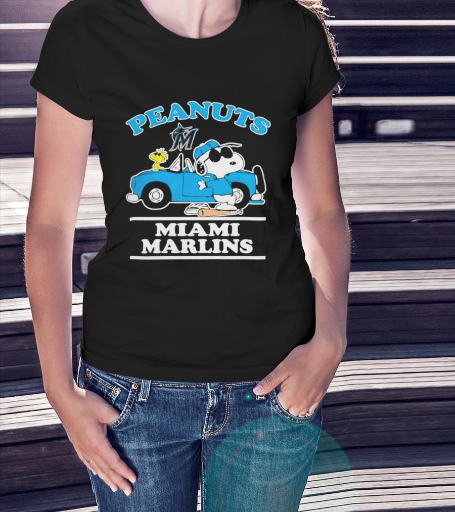 Peanuts Snoopy And Woodstock Miami Marlins Baseball Driving Adventure T-Shirt
