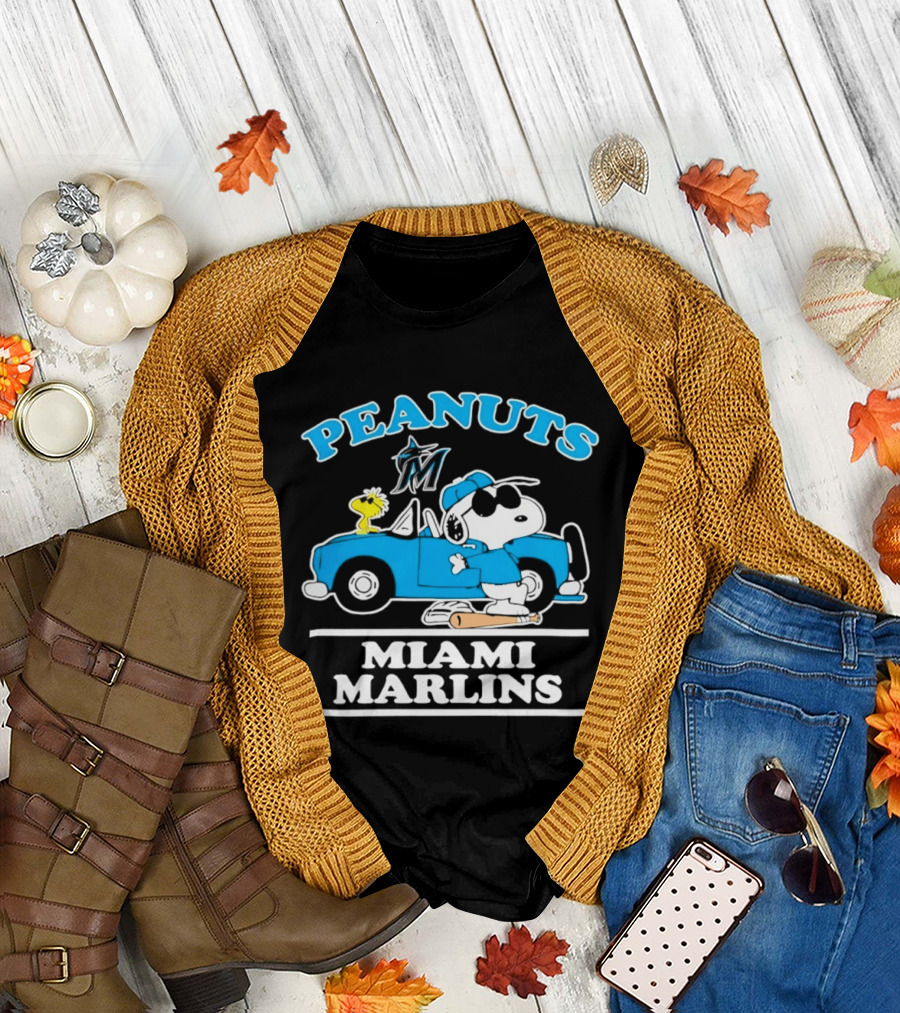 Peanuts Snoopy And Woodstock Miami Marlins Baseball Driving Adventure T-Shirt