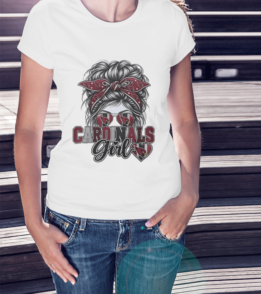 Cardinals Girl Messy Bun Bandana Sunglasses Football T-Shirt