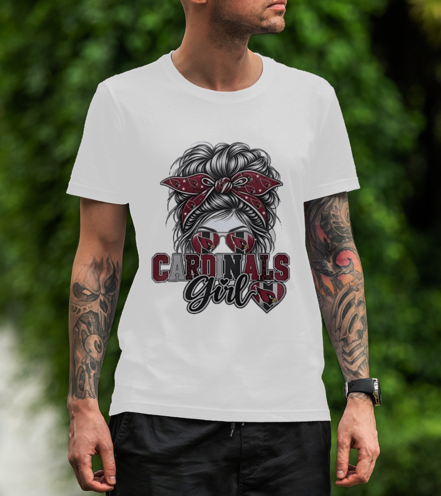 Cardinals Girl Messy Bun Bandana Sunglasses Football T-Shirt