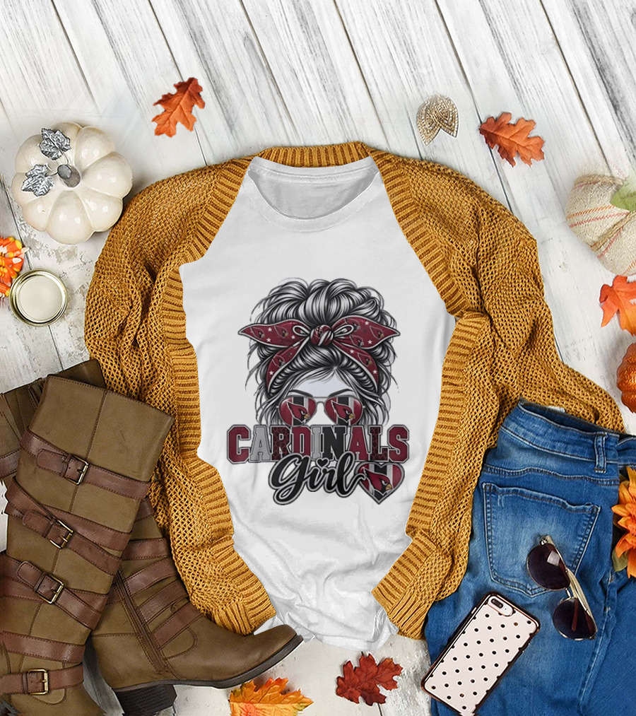 Cardinals Girl Messy Bun Bandana Sunglasses Football T-Shirt