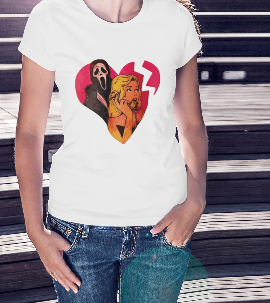 Cartoon Blonde Woman Ghostface Broken Pink Heart Knife Phone T-Shirt