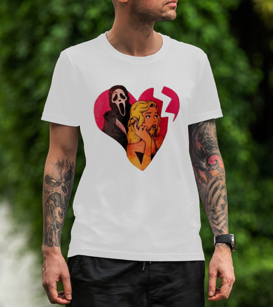 Cartoon Blonde Woman Ghostface Broken Pink Heart Knife Phone T-Shirt