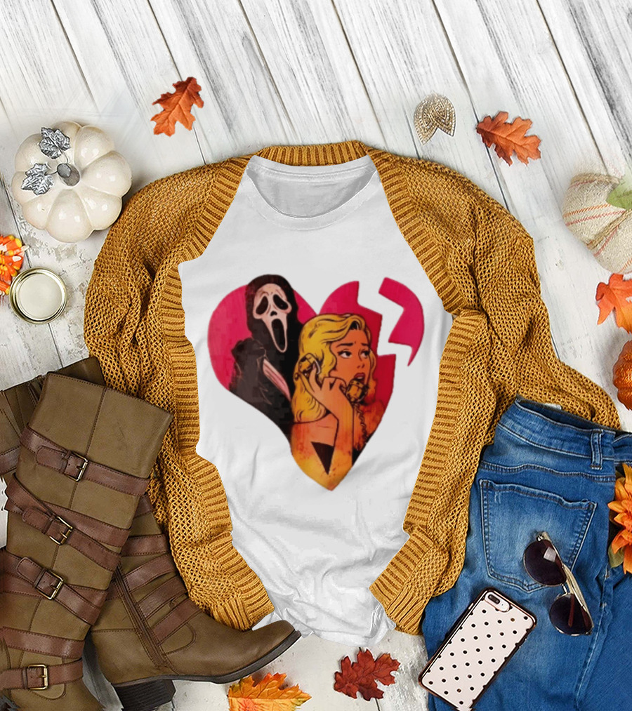 Cartoon Blonde Woman Ghostface Broken Pink Heart Knife Phone T-Shirt