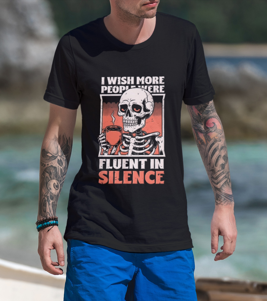Fluent In Silence Skeleton Holding Coffee Distressed T-Shirt