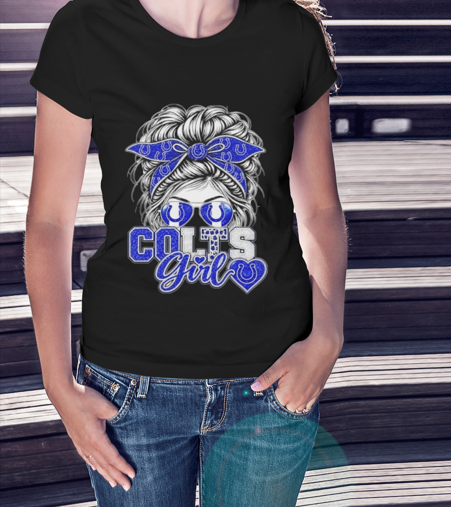 Indianapolis Colts Girl Messy Bun Blue Bandana Sunglasses Fan T-Shirt