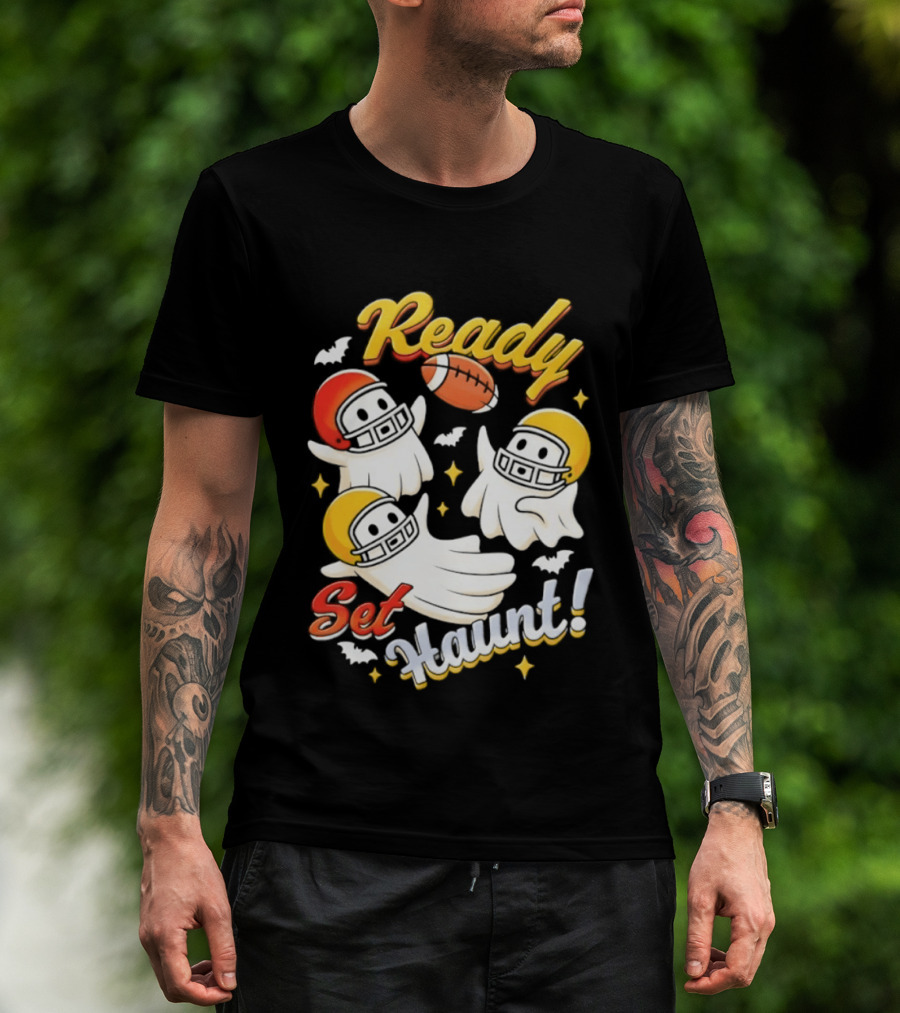 Ready Set Haunt Ghosts Football Helmet Halloween T-Shirt