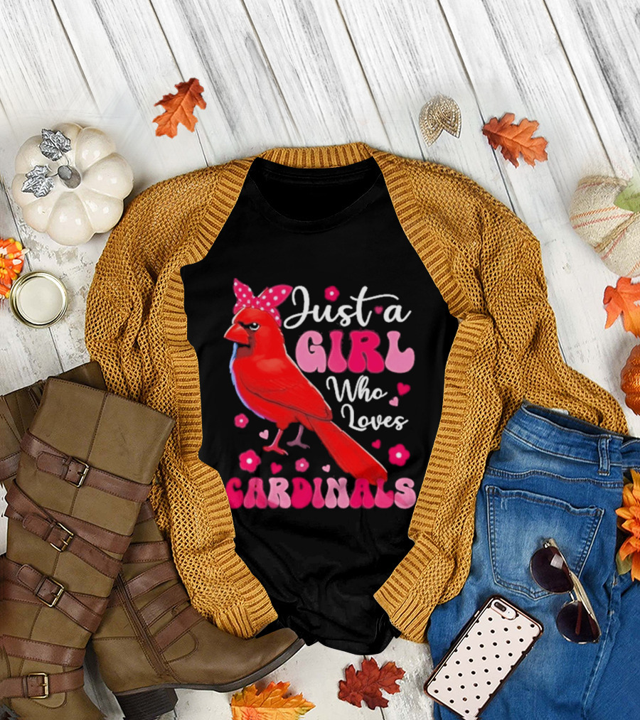 Just A Girl Who Loves Cardinals Cardinal Bird Cute Bow Pink Flowers Hearts T-Shirt