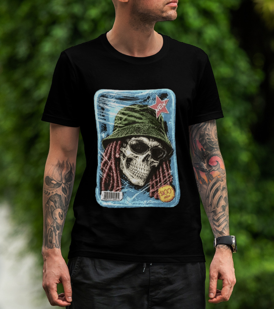 Skull With Dreadlocks Wearing Green Bucket Hat Sunglasses New Star Label T-Shirt
