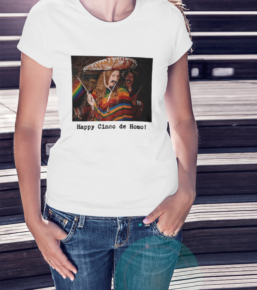 Happy Cinco De Homo Rainbow Poncho Sombrero Pride Celebration T-Shirt