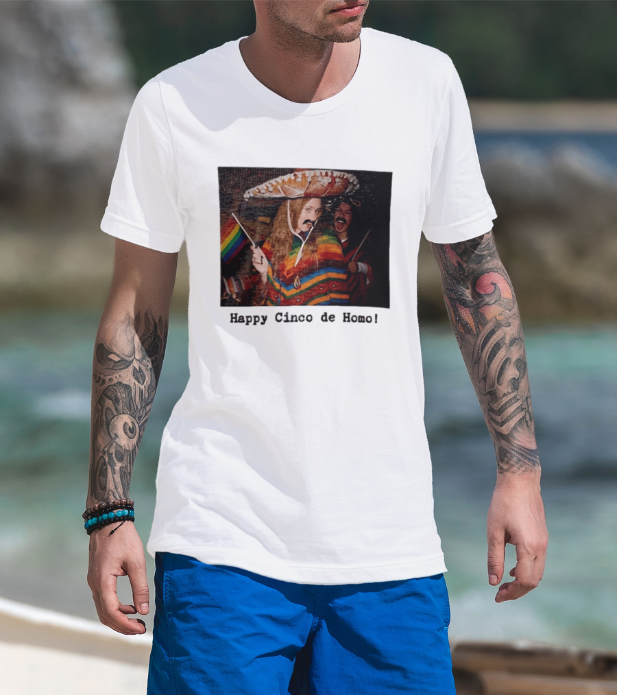 Happy Cinco De Homo Rainbow Poncho Sombrero Pride Celebration T-Shirt