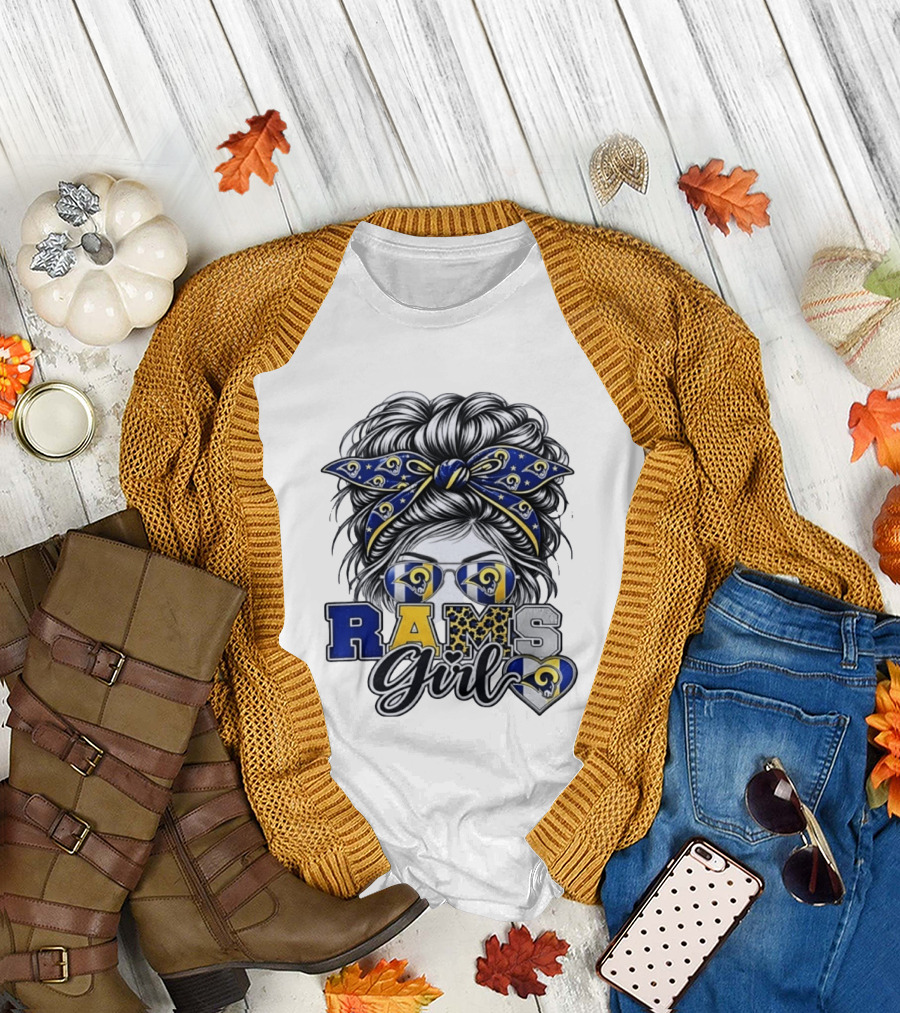 Rams Girl Messy Bun Bandana Sunglasses Fan T-Shirt
