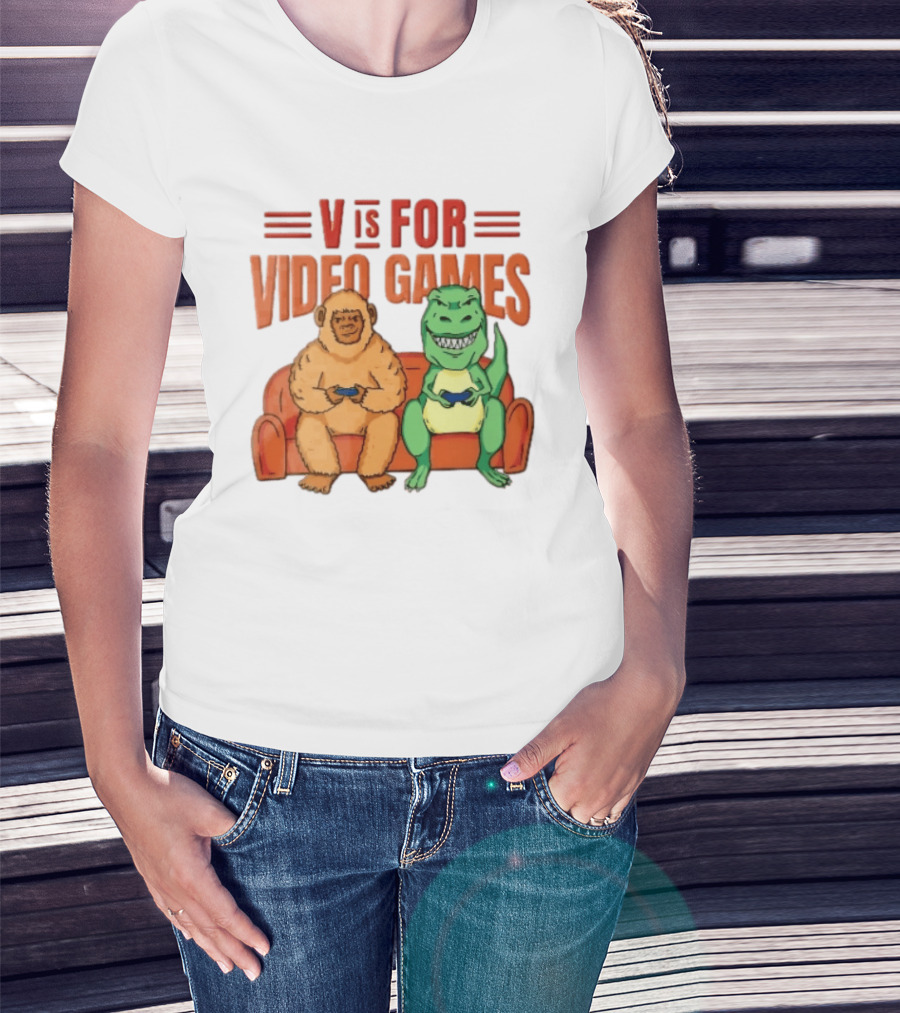 V Is For Video Games Sasquatch Dinosaur Couch Controllers Cartoon T-Shirt