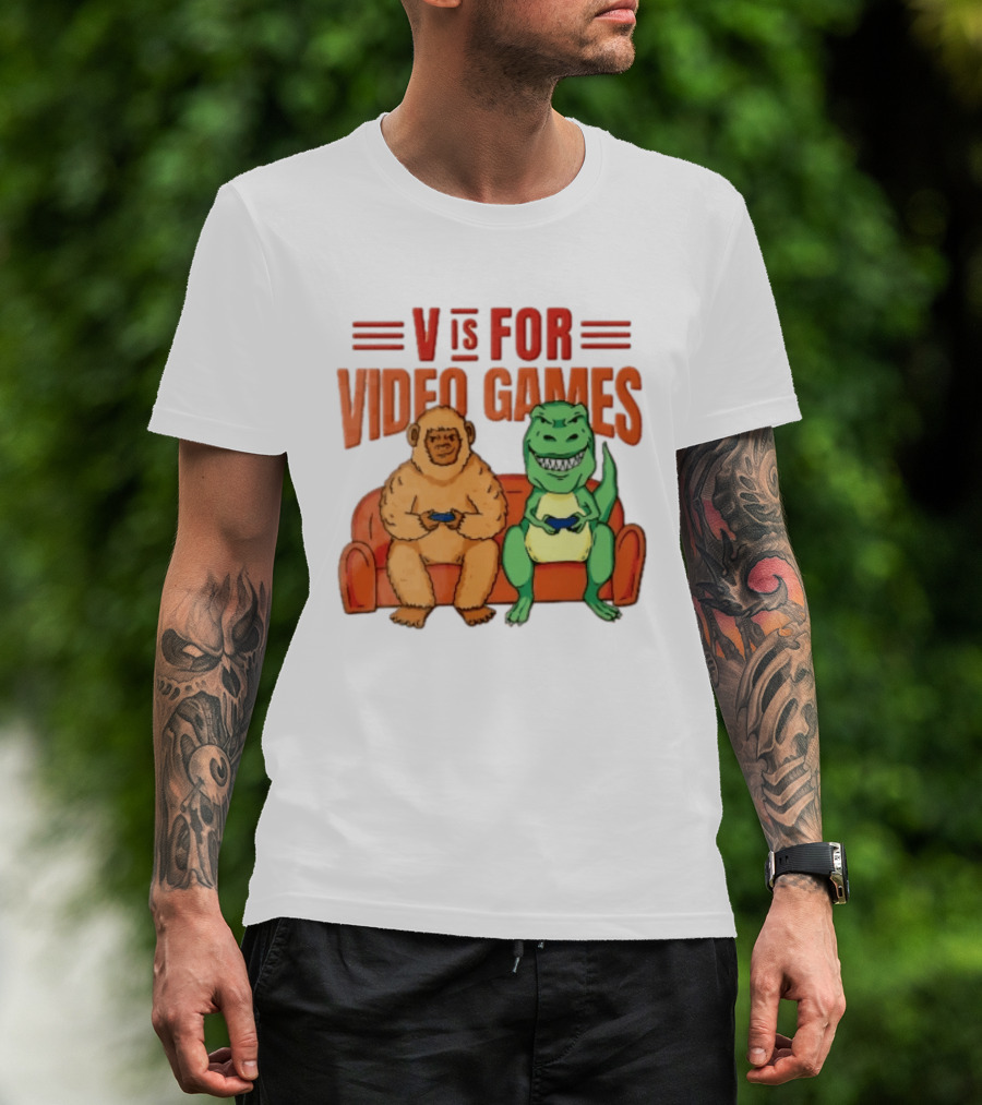 V Is For Video Games Sasquatch Dinosaur Couch Controllers Cartoon T-Shirt