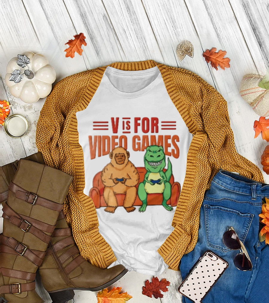V Is For Video Games Sasquatch Dinosaur Couch Controllers Cartoon T-Shirt