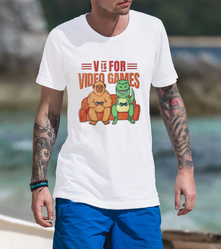 V Is For Video Games Sasquatch Dinosaur Couch Controllers Cartoon T-Shirt