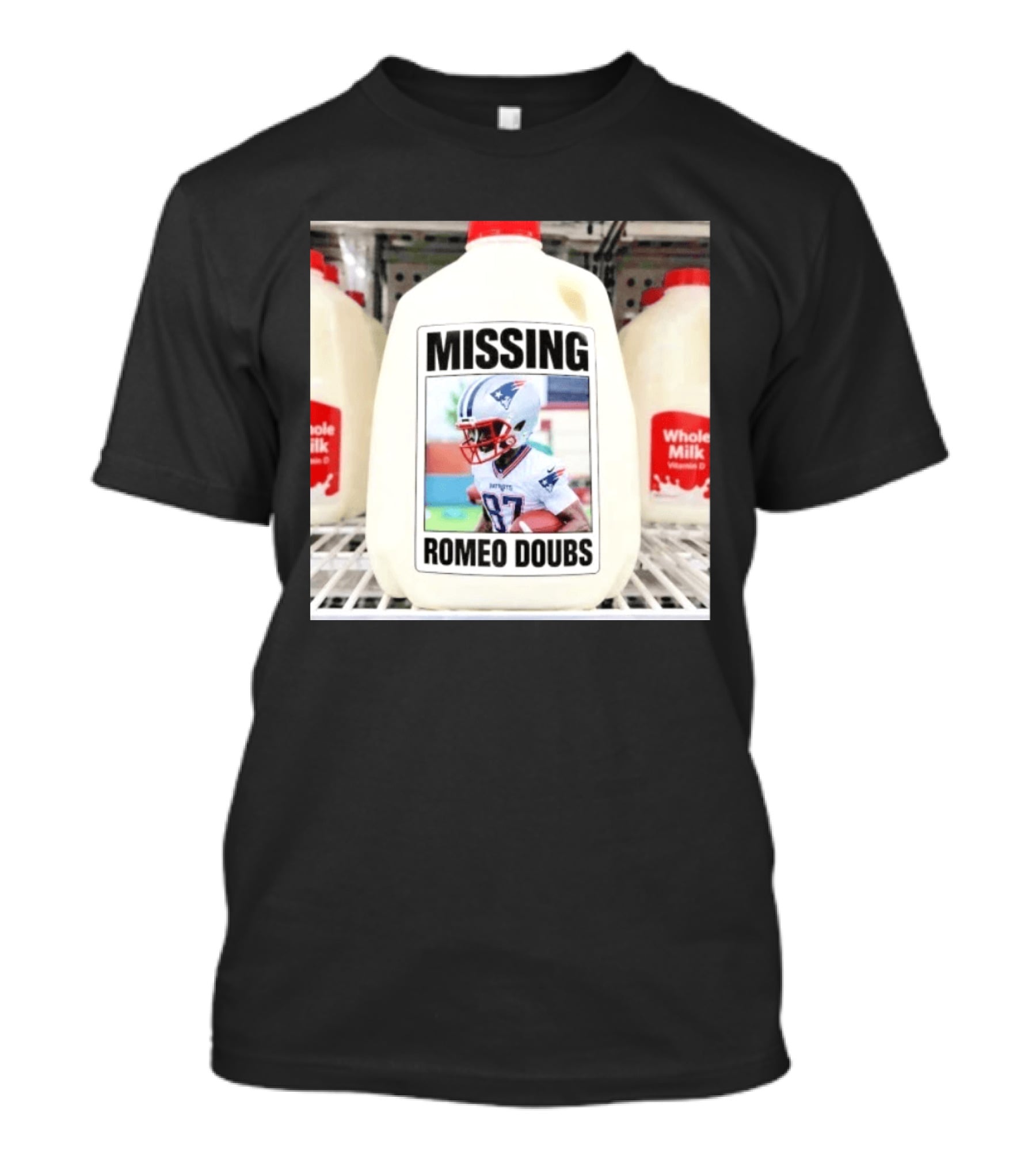 Missing Romeo Doubs Football Milk Carton With Patriots Helmet Image T-Shirt