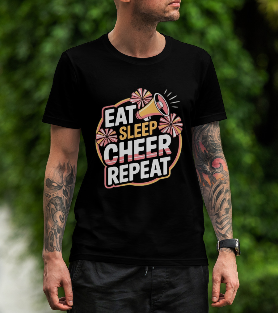Eat Sleep Cheer Repeat Megaphone Pom Poms Cheerleading T-Shirt