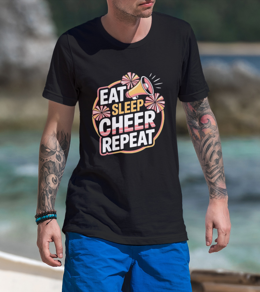 Eat Sleep Cheer Repeat Megaphone Pom Poms Cheerleading T-Shirt