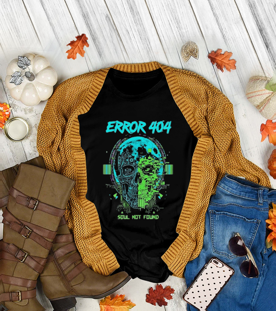 Error 404 Soul Not Found Cyber Skull Glitch Retro Tech Aesthetic T-Shirt