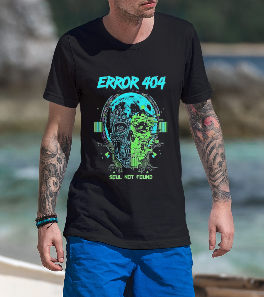 Error 404 Soul Not Found Cyber Skull Glitch Retro Tech Aesthetic T-Shirt