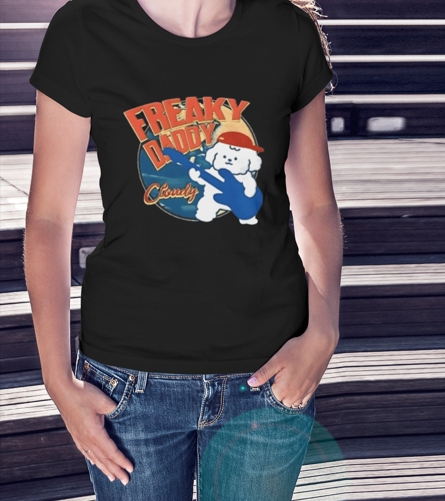 Freaky Daddy Cloudy Cartoon Dog Red Cap Playing Guitar T-Shirt