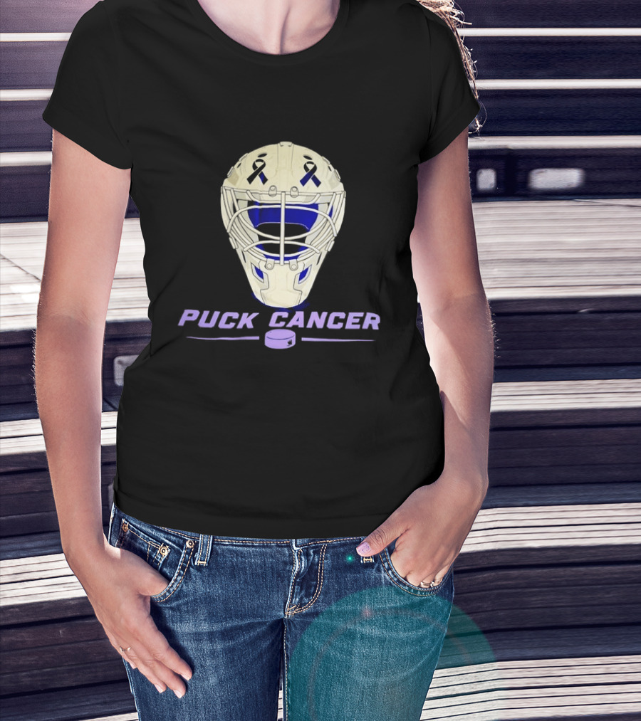 Puck Cancer Hockey Goalie Mask Awareness Purple Ribbon T-Shirt