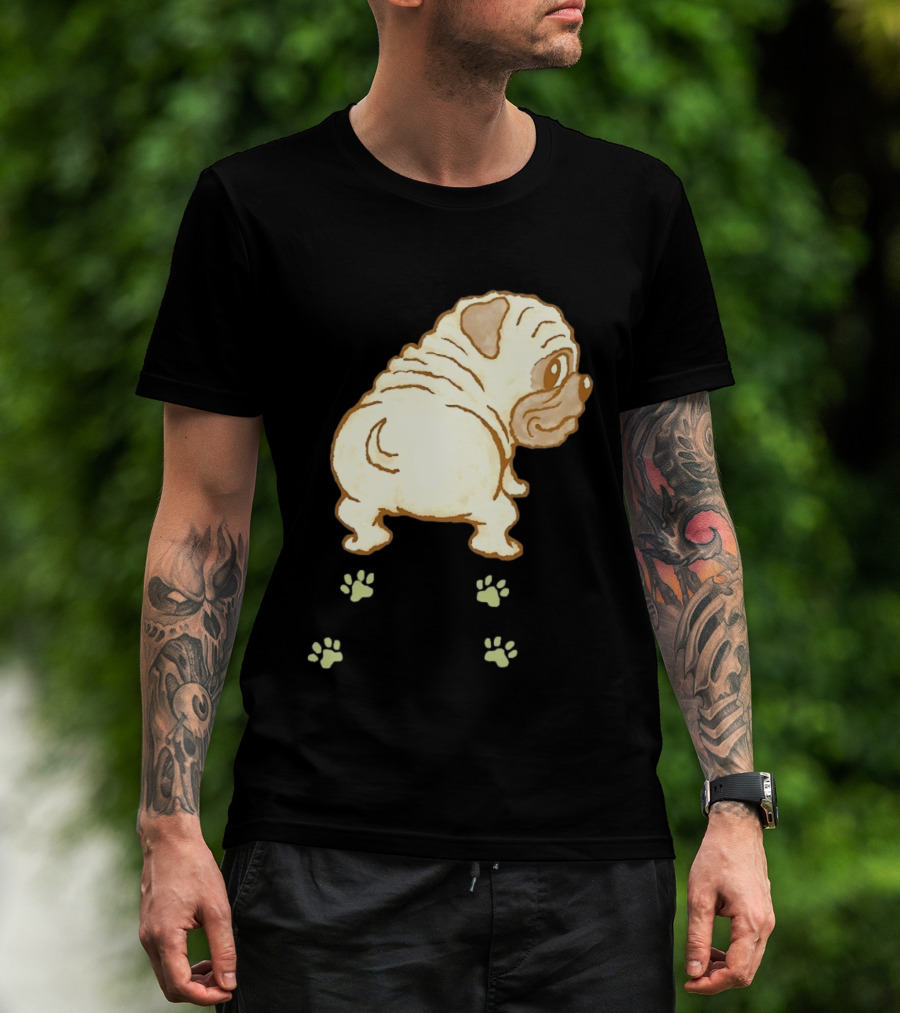 Pug Looking Back With Paw Prints Dog Cute Canine T-Shirt