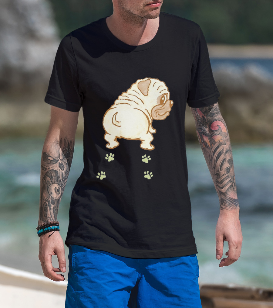 Pug Looking Back With Paw Prints Dog Cute Canine T-Shirt
