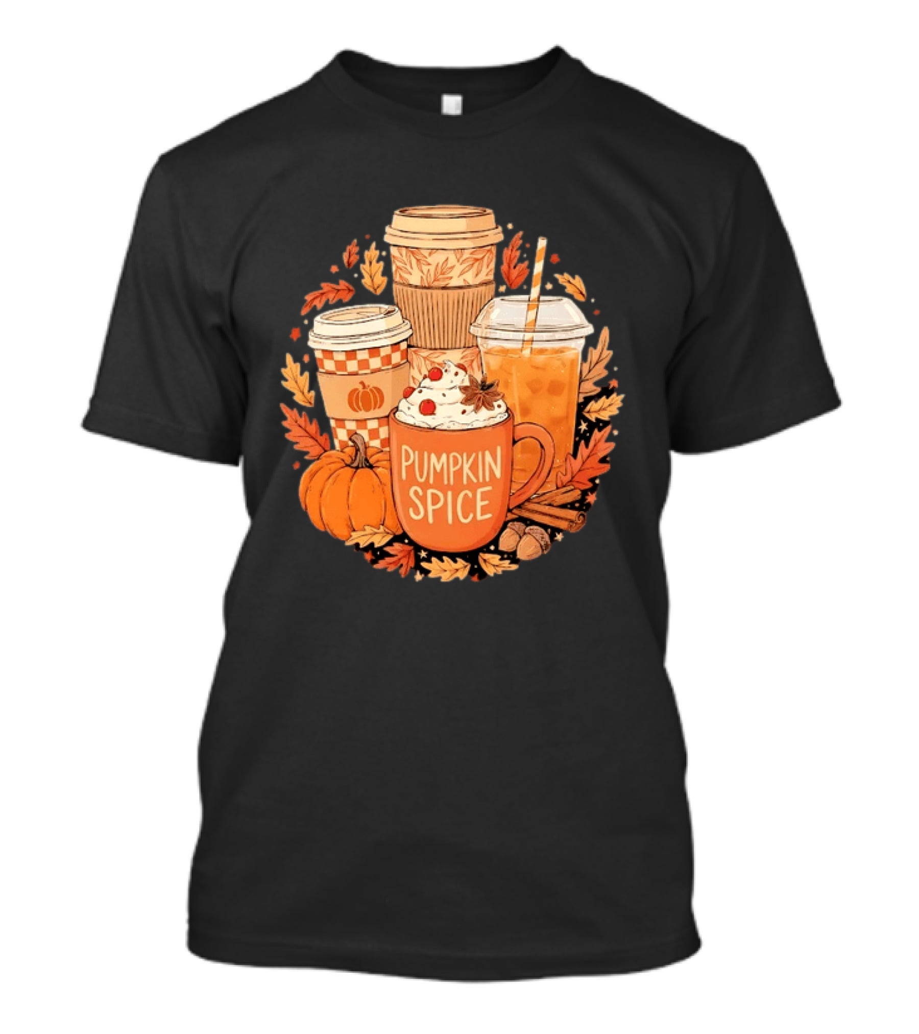 Pumpkin Spice Fall Coffee Drinks Autumn Leaves Acorns Cinnamon Sticks T-Shirt