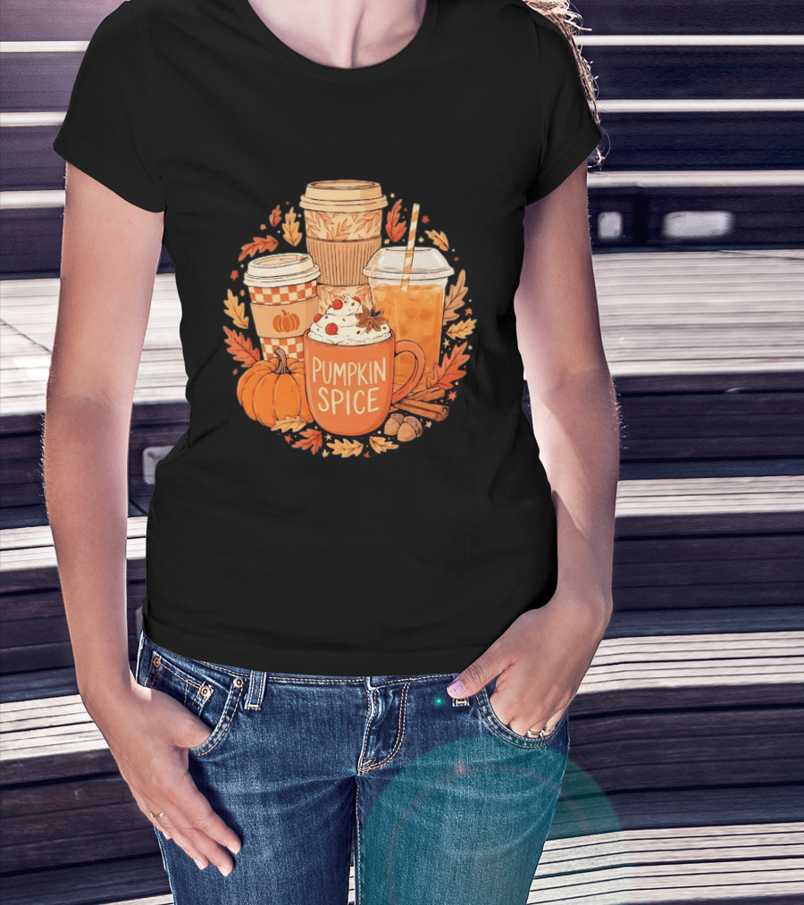 Pumpkin Spice Fall Coffee Drinks Autumn Leaves Acorns Cinnamon Sticks T-Shirt
