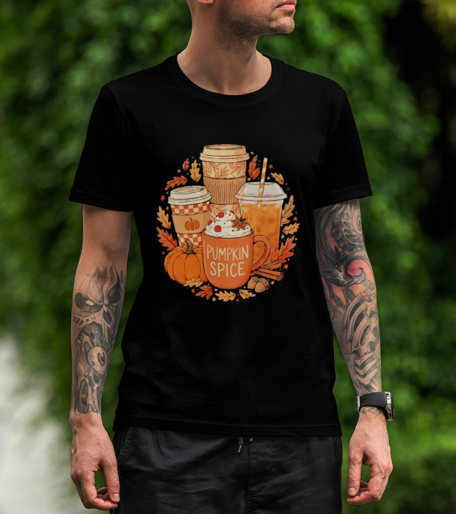 Pumpkin Spice Fall Coffee Drinks Autumn Leaves Acorns Cinnamon Sticks T-Shirt