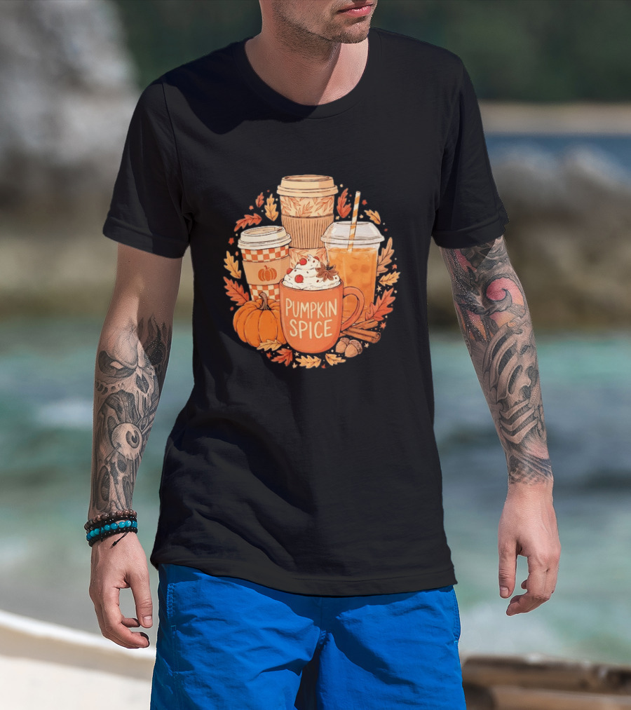 Pumpkin Spice Fall Coffee Drinks Autumn Leaves Acorns Cinnamon Sticks T-Shirt