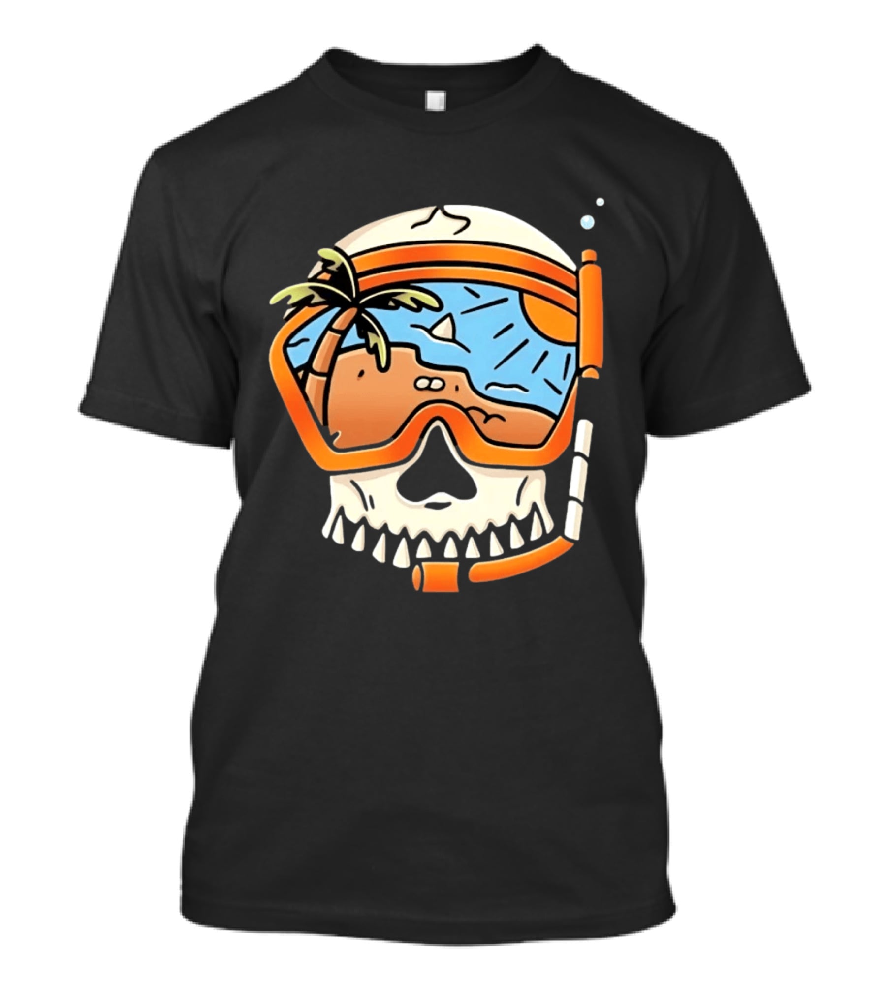 Skull Wearing Snorkel Mask With Tropical Beach Scene Palm Tree Sun T-Shirt
