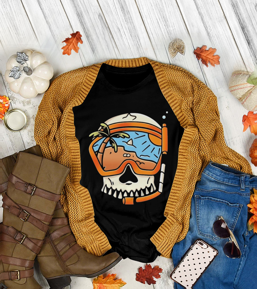 Skull Wearing Snorkel Mask With Tropical Beach Scene Palm Tree Sun T-Shirt