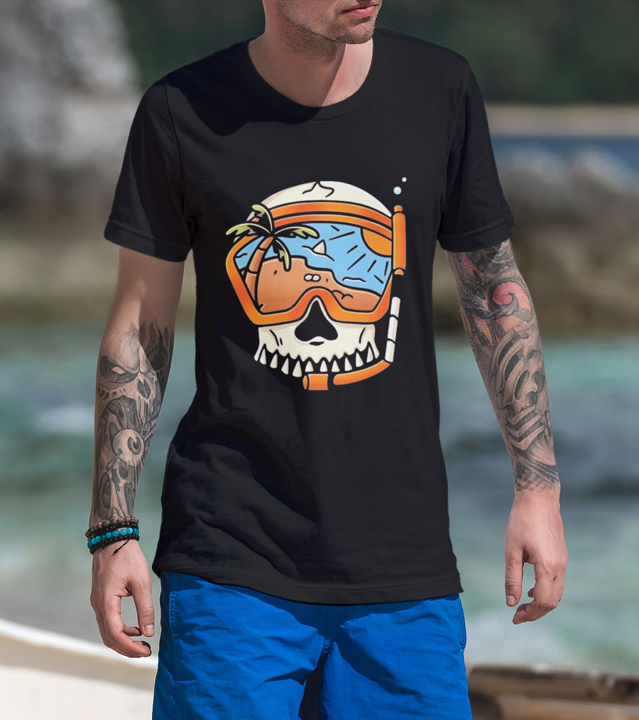 Skull Wearing Snorkel Mask With Tropical Beach Scene Palm Tree Sun T-Shirt