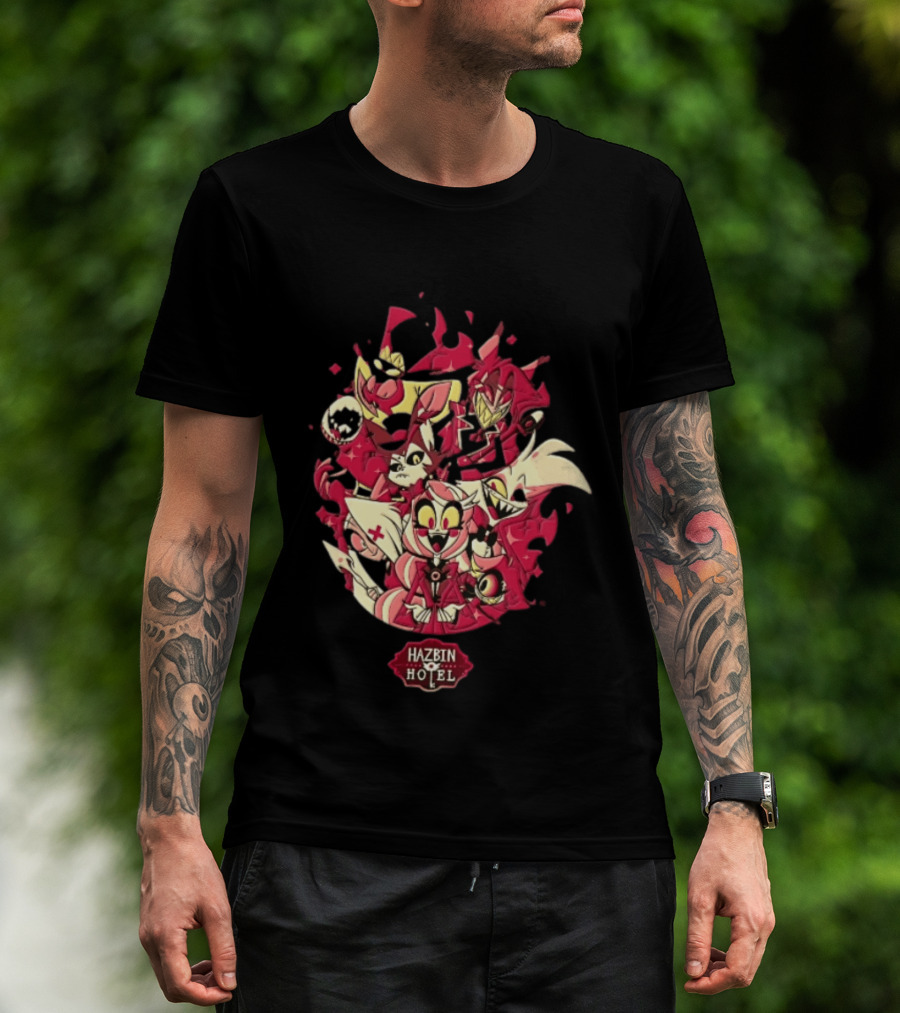 Hazbin Hotel Demon Characters Group Red Sparkles Cartoon Alastor Angel Dust Charlie Vaggie T-Shirt
