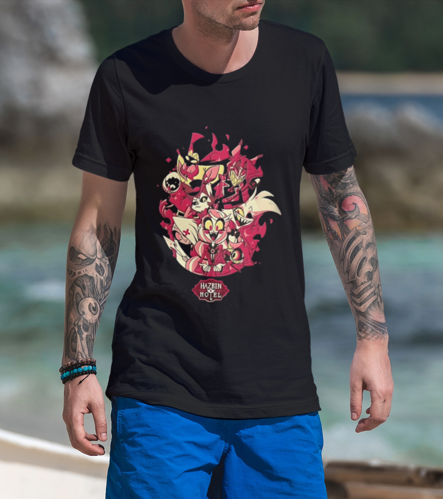 Hazbin Hotel Demon Characters Group Red Sparkles Cartoon Alastor Angel Dust Charlie Vaggie T-Shirt
