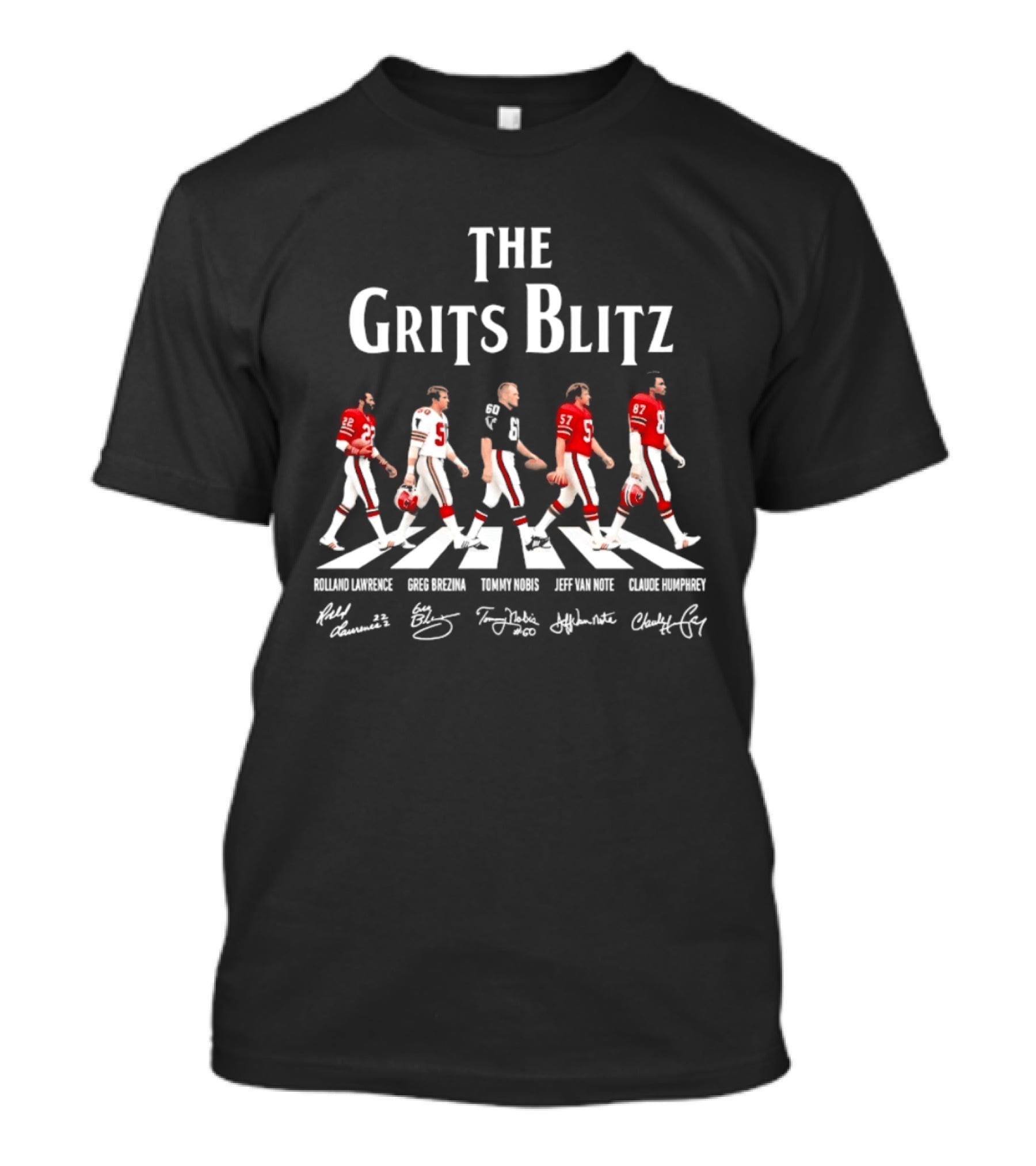 The Grits Blitz Rolland Lawrence Greg Brezina Tommy Nobis Jeff Van Note Claude Humphrey Abbey Road T-Shirt