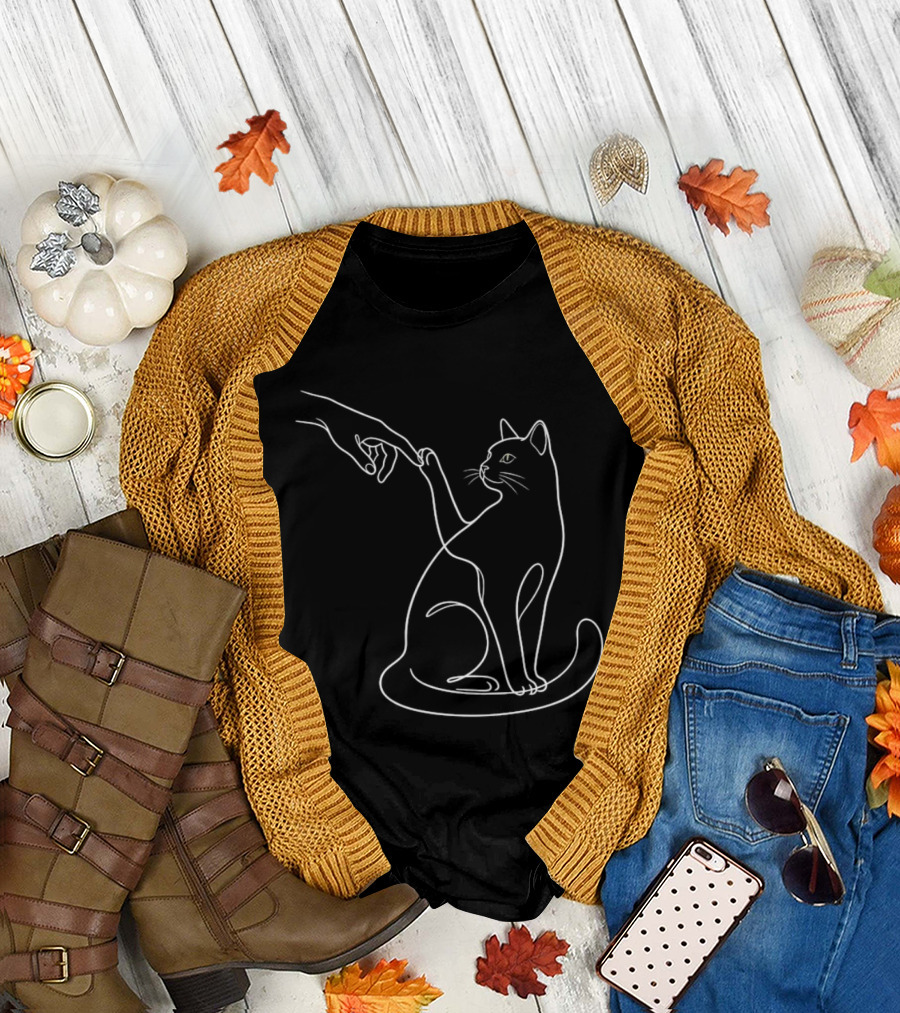 Human Hand Touching Cat Paw Line Minimalist T-Shirt