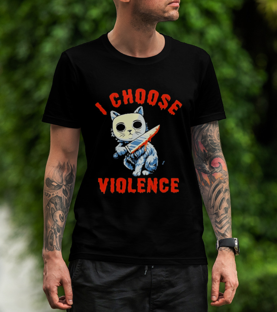 I Choose Violence Cat With Knife Horror Creepy Mask T-Shirt