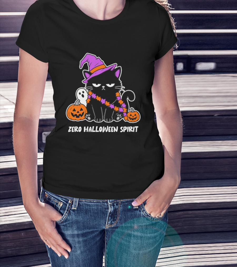 Zero Halloween Spirit Grumpy Black Cat With Pumpkin Ghost And Hat T-Shirt