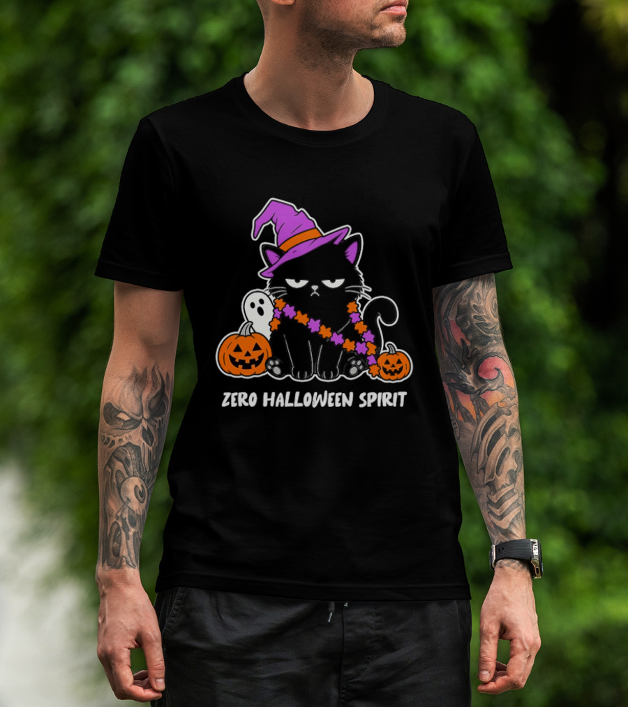 Zero Halloween Spirit Grumpy Black Cat With Pumpkin Ghost And Hat T-Shirt