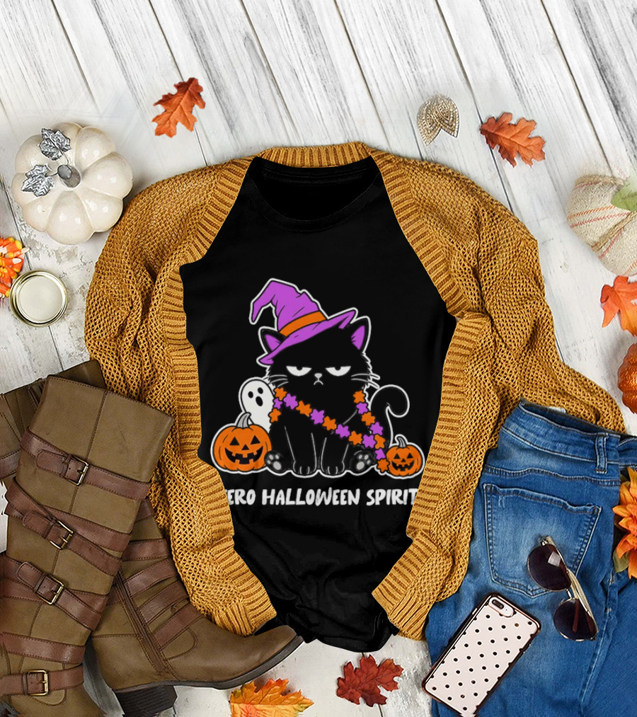 Zero Halloween Spirit Grumpy Black Cat With Pumpkin Ghost And Hat T-Shirt
